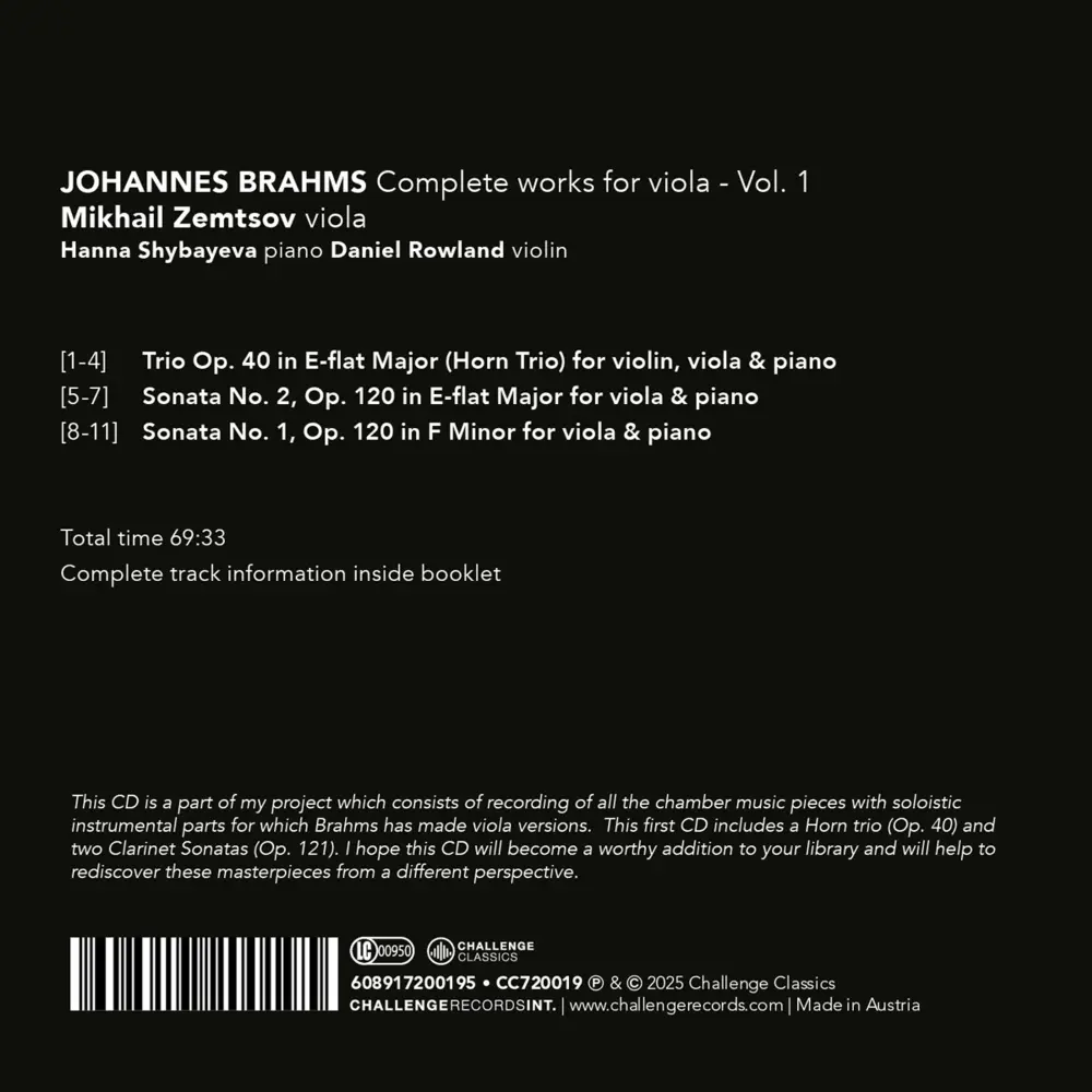 CD JOHANNES BRAHMS: COMPLETE WORKS FOR VIOLA - VOL. 1