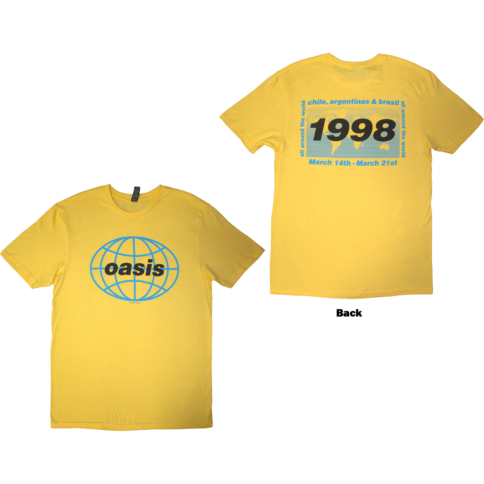Tričko Oasis - 1998 World Tour - South America, Unisex,Žltá,XXL