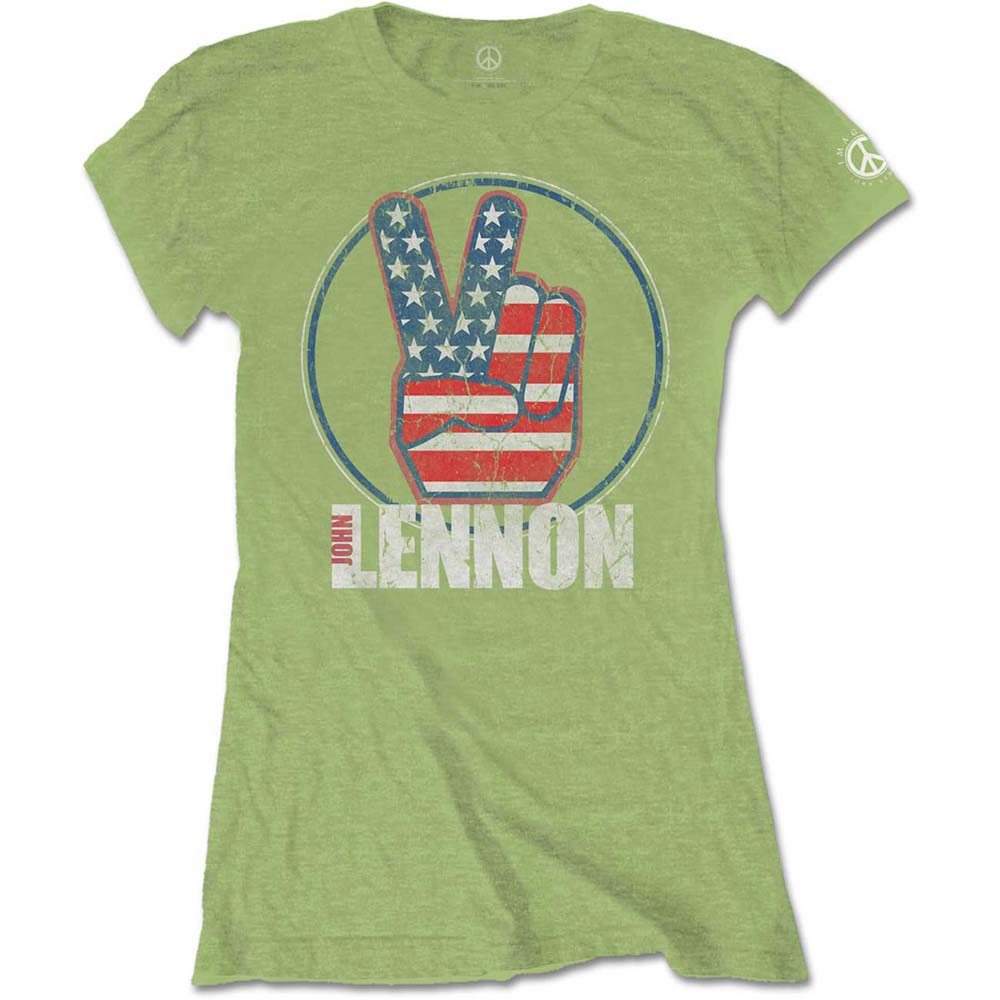 Tričko John Lennon - Peace Fingers US Flag, Žena,Zelená,XL