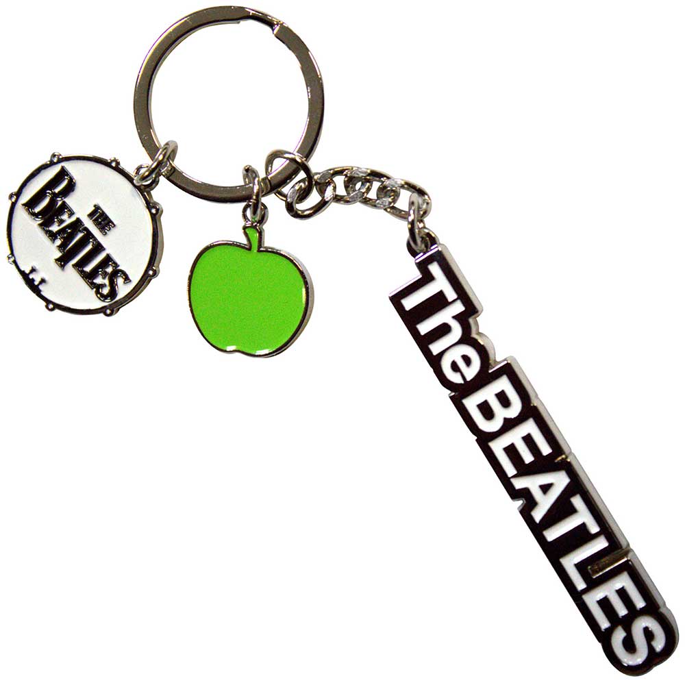 Kľúčenka The Beatles - Text Logo Drop T Drum & Apple Charms