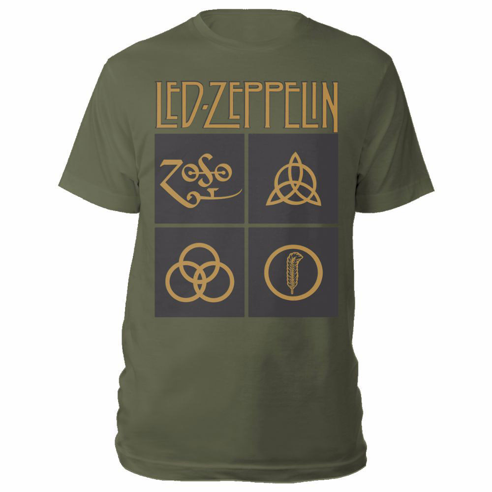 Tričko Led Zeppelin - Gold Symbols in Black Square, Unisex,Zelená,XL