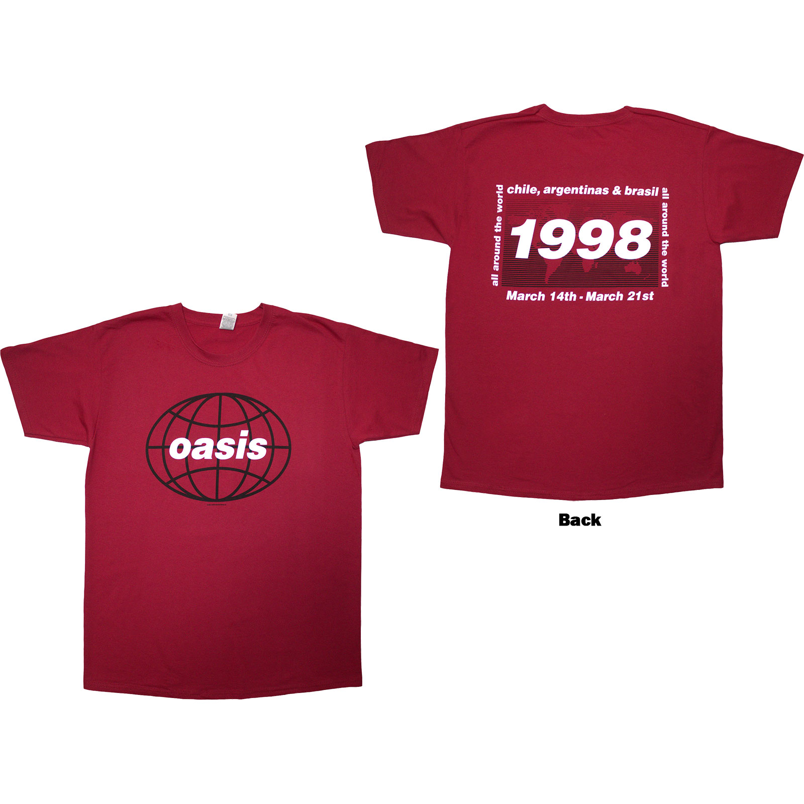 Tričko Oasis - 1998 World Tour - South America, Unisex,Červená,XXL